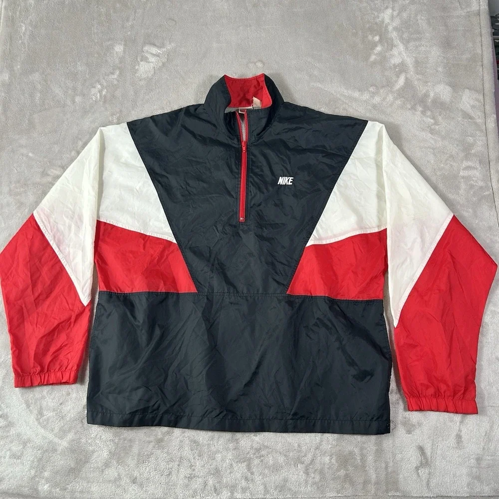 Vintage 80s Nike Windbreaker Jacket XL BRED Colorblock V-Panel Half Zip Retro
